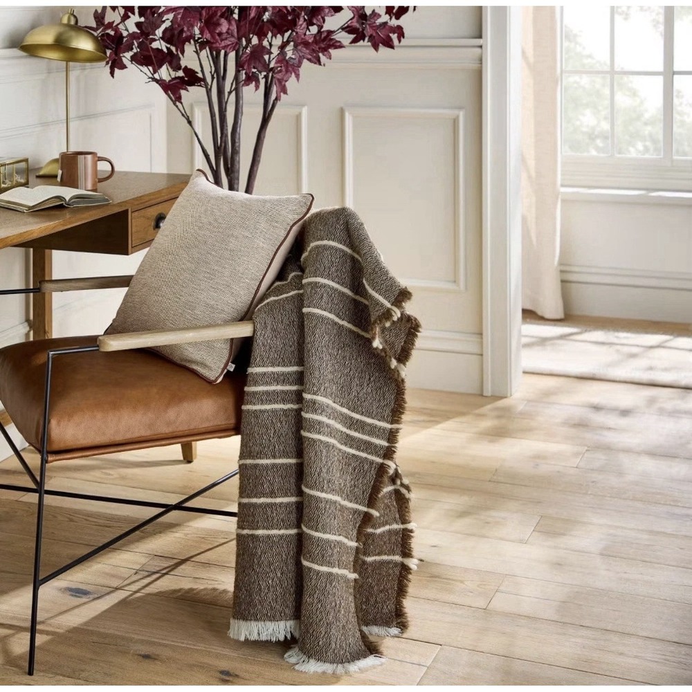 Hearth & Hand Magnolia Throw Blanket Chocolate Brown Cream Stripe Farmhouse Fall - Picture 2 of 4